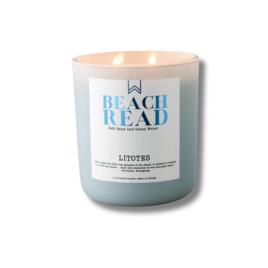 A white candle with blue label reading 'BEACH READ' from LITOTES, describing the fragrance as 'Soft Sand and Ocean Water'.