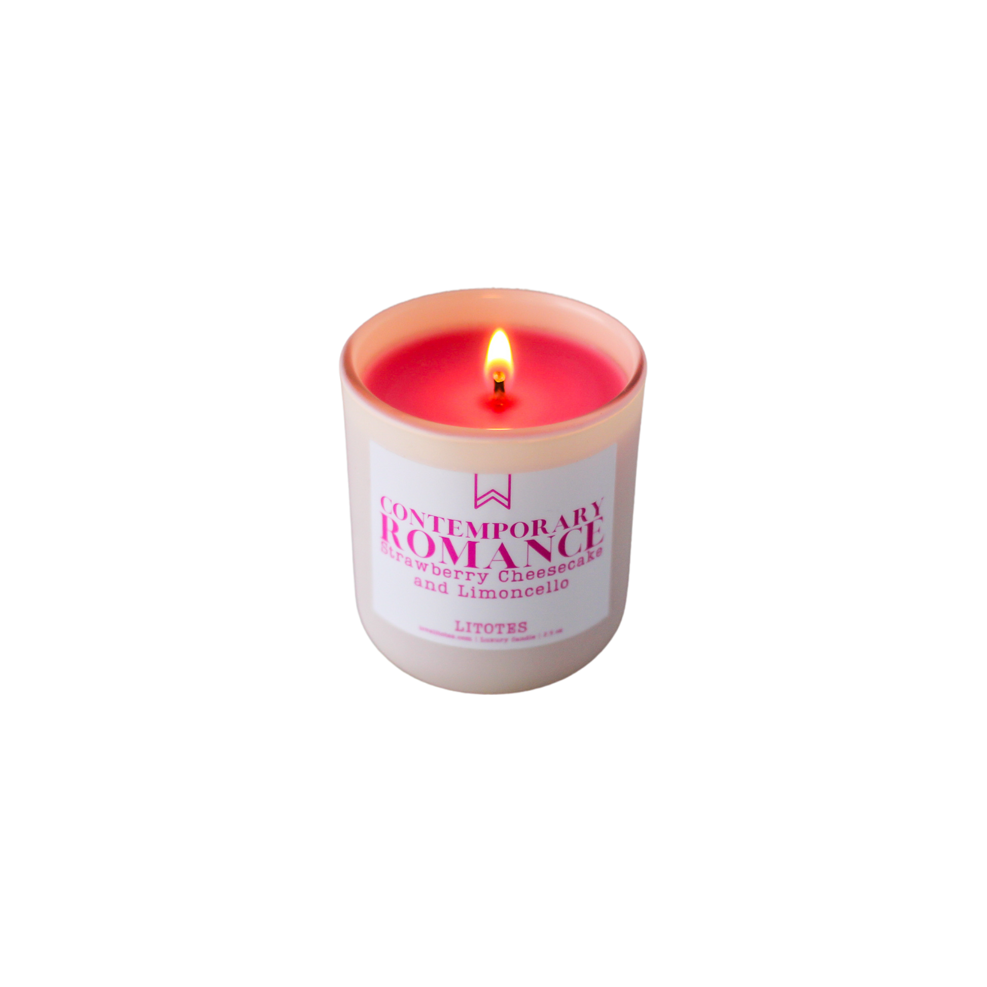 A blush pink candle with a label that reads 'Contemporary Romance', with the brand name 'LITOTES' and the scent name 'Limoncello and Strawberry Cheesecake'.