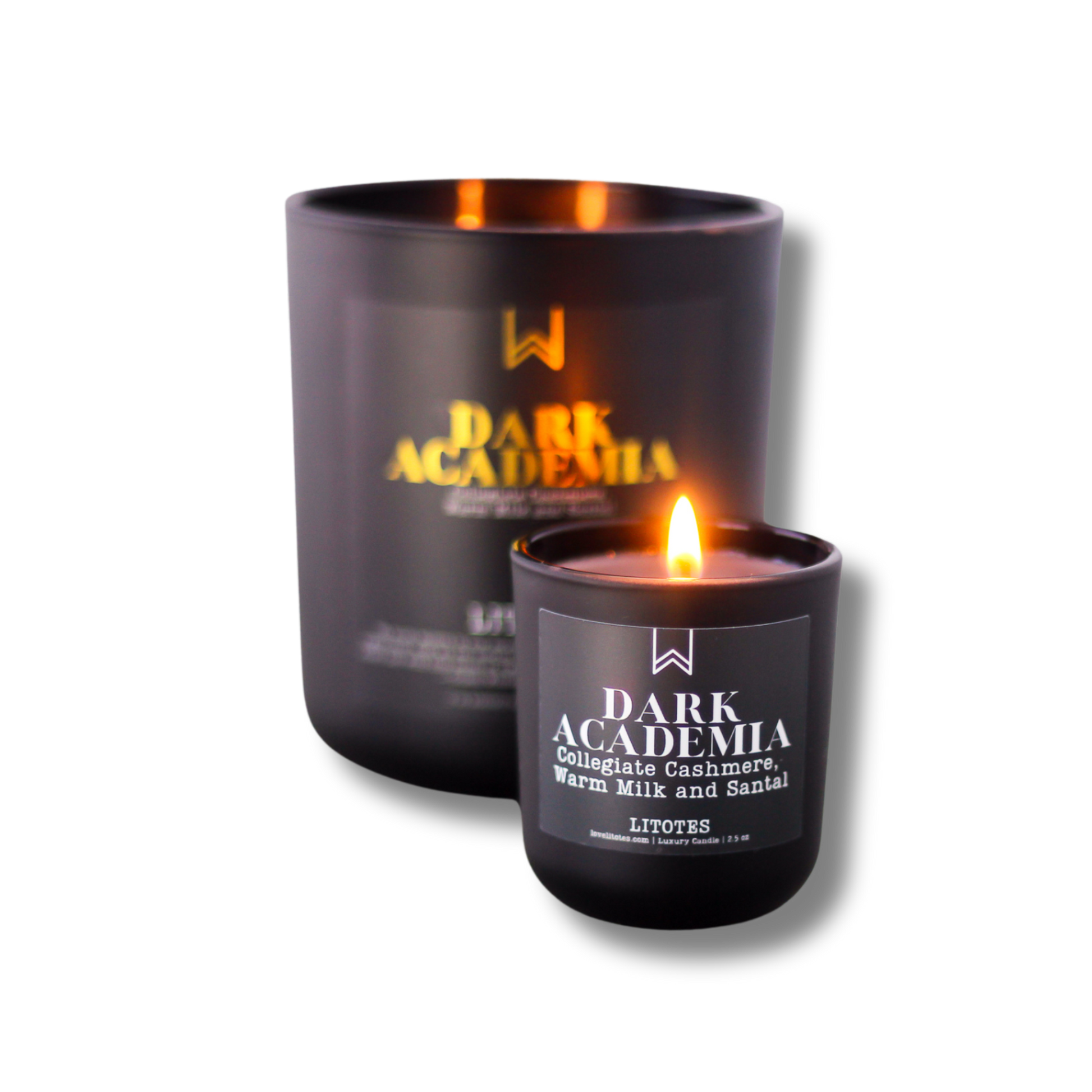 A black candle with the label 'DARK ACADEMIA' written in gold, along with the scent notes 'Collegiate Cashmere, Warm Milk and Santal'.