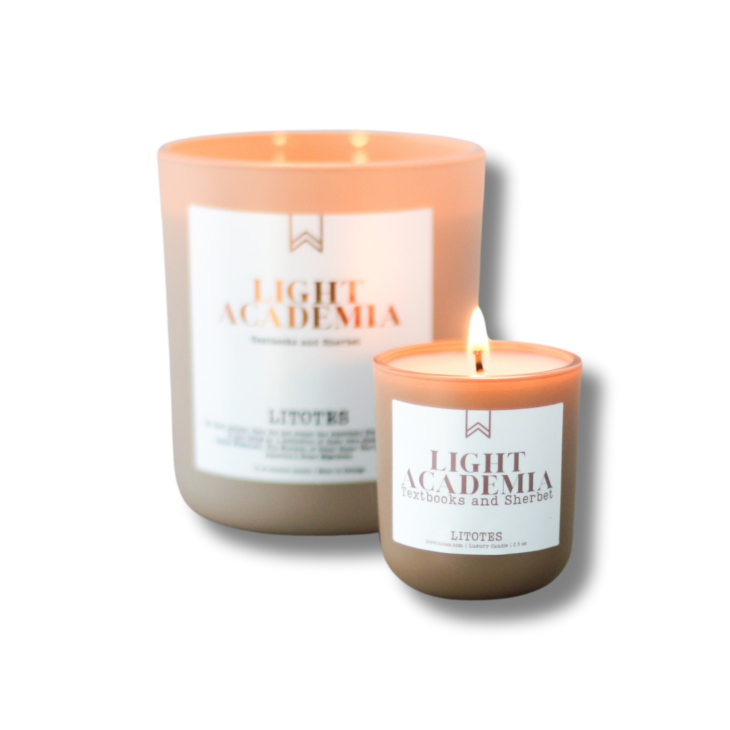 A beige candle with a label that reads 'LIGHT ACADEMIA' and 'LITOTES'. 