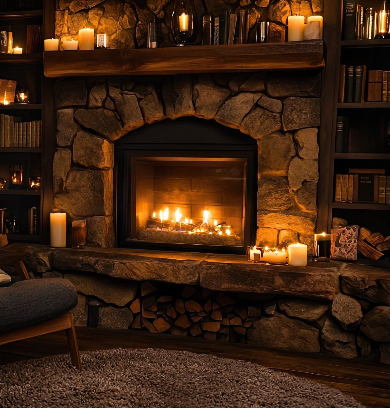 Cozy living room with stone fireplace, armchair, and bookshelves.