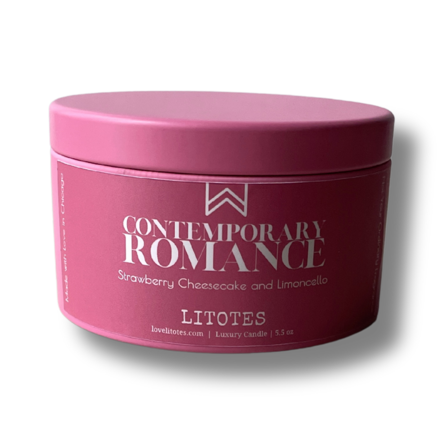Pink candle jar labeled 'Contemporary Romance' by Litotes on a white background