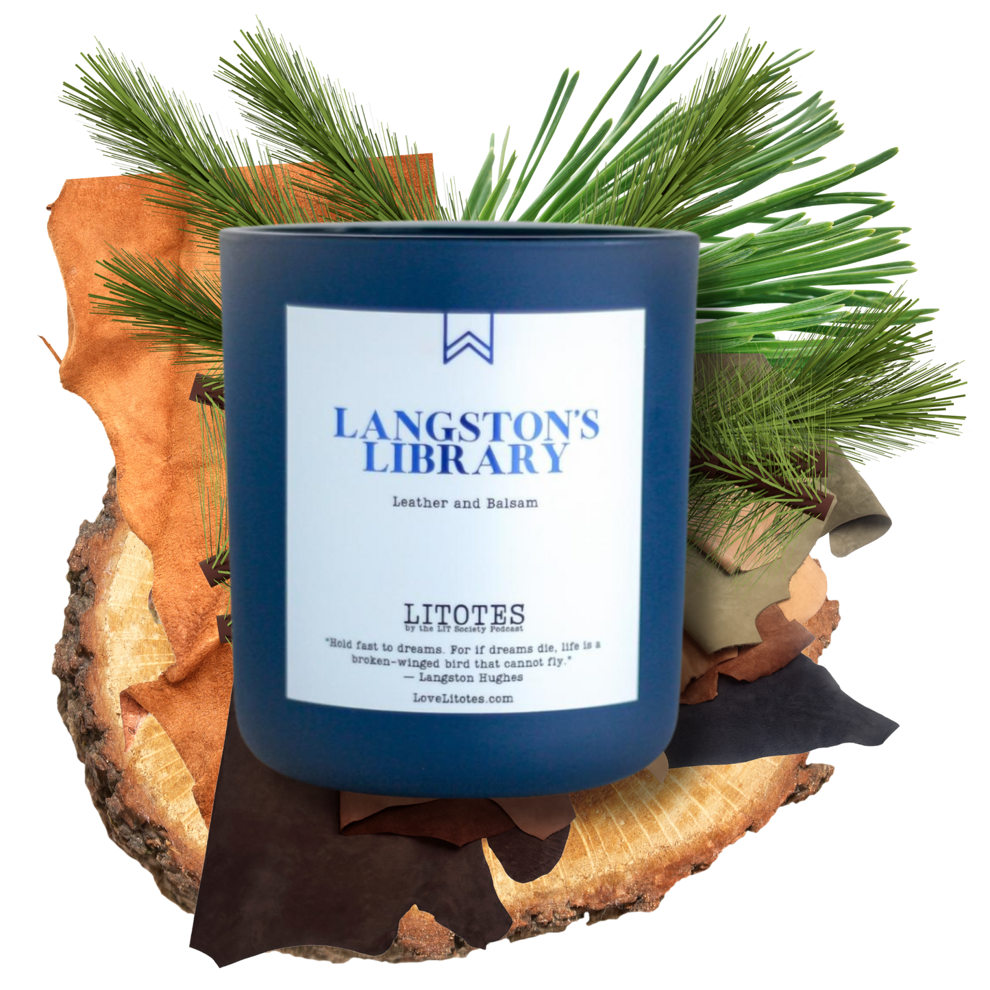 Blue candle labeled 'Langston's Library' on a wooden log with greenery