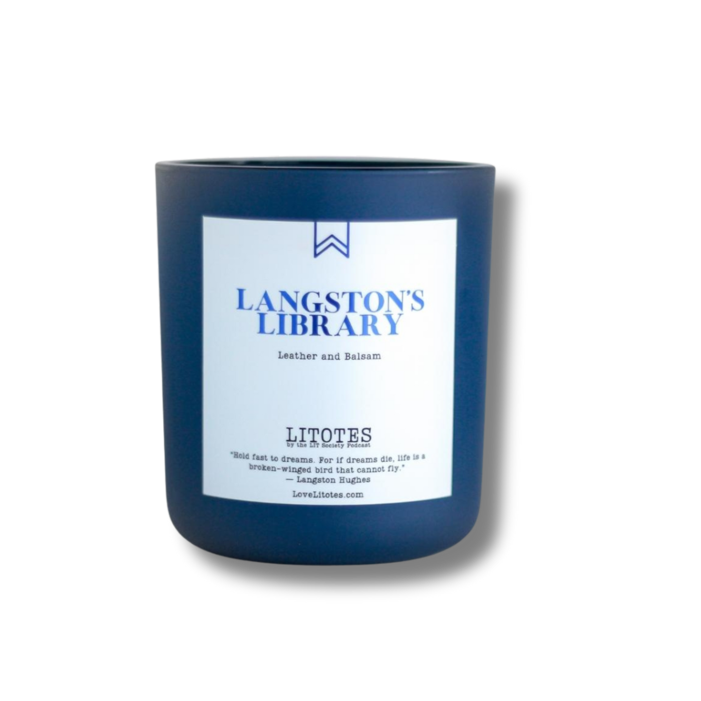Blue candle with a label on a white background