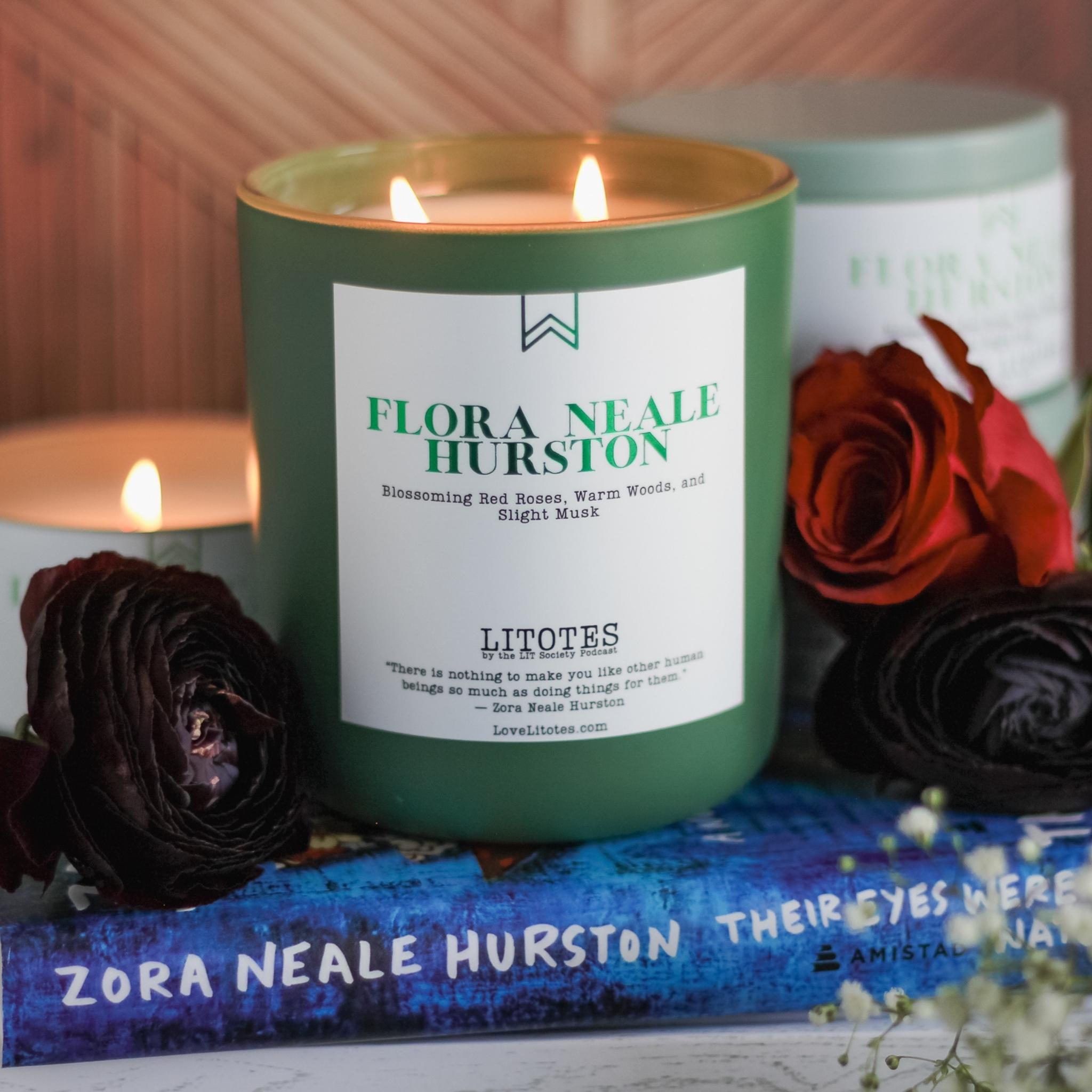 Luxury Soy Candle with the aroma of roses, woods, and slight musk. Flora Neale Hurston, celebrating author Zora Neale Hurston. Inspired by Black literature. Gift ideas for readers.