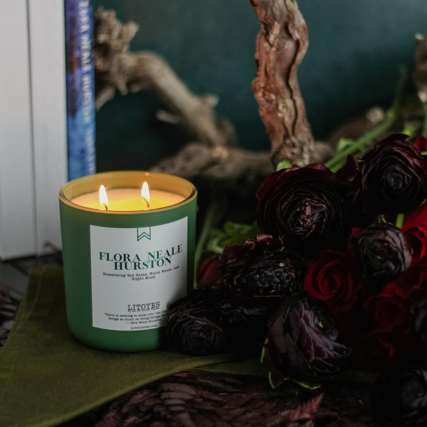 Luxury Soy Candle with the aroma of roses, woods, and slight musk. Flora Neale Hurston, celebrating author Zora Neale Hurston. Sophisticated black-owned candle company based in Chicago.