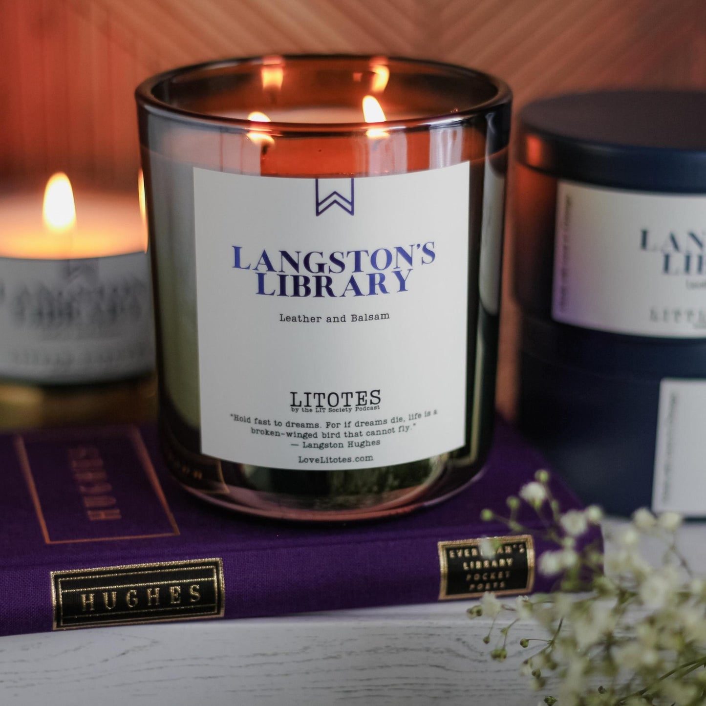 Luxury Soy Candle with the aroma of leather and balsam. Langston's Library, celebrating author Langston Hughes. Black-owned, woman-owned, Chicago-made luxury candle company.